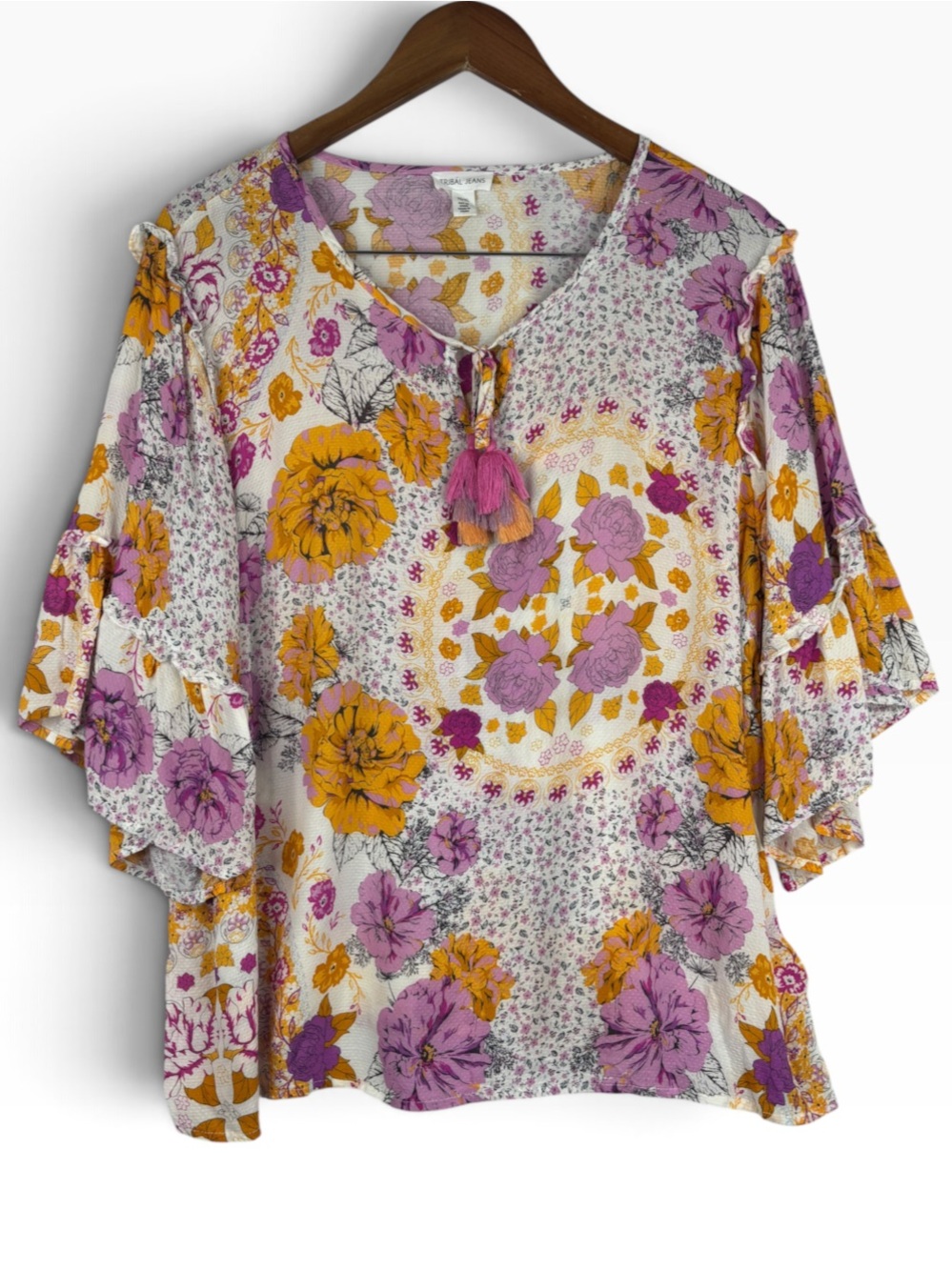 Tribal jeans White Pink Orange Floral Tassel Neckline Frill Sleeve Blouse XL